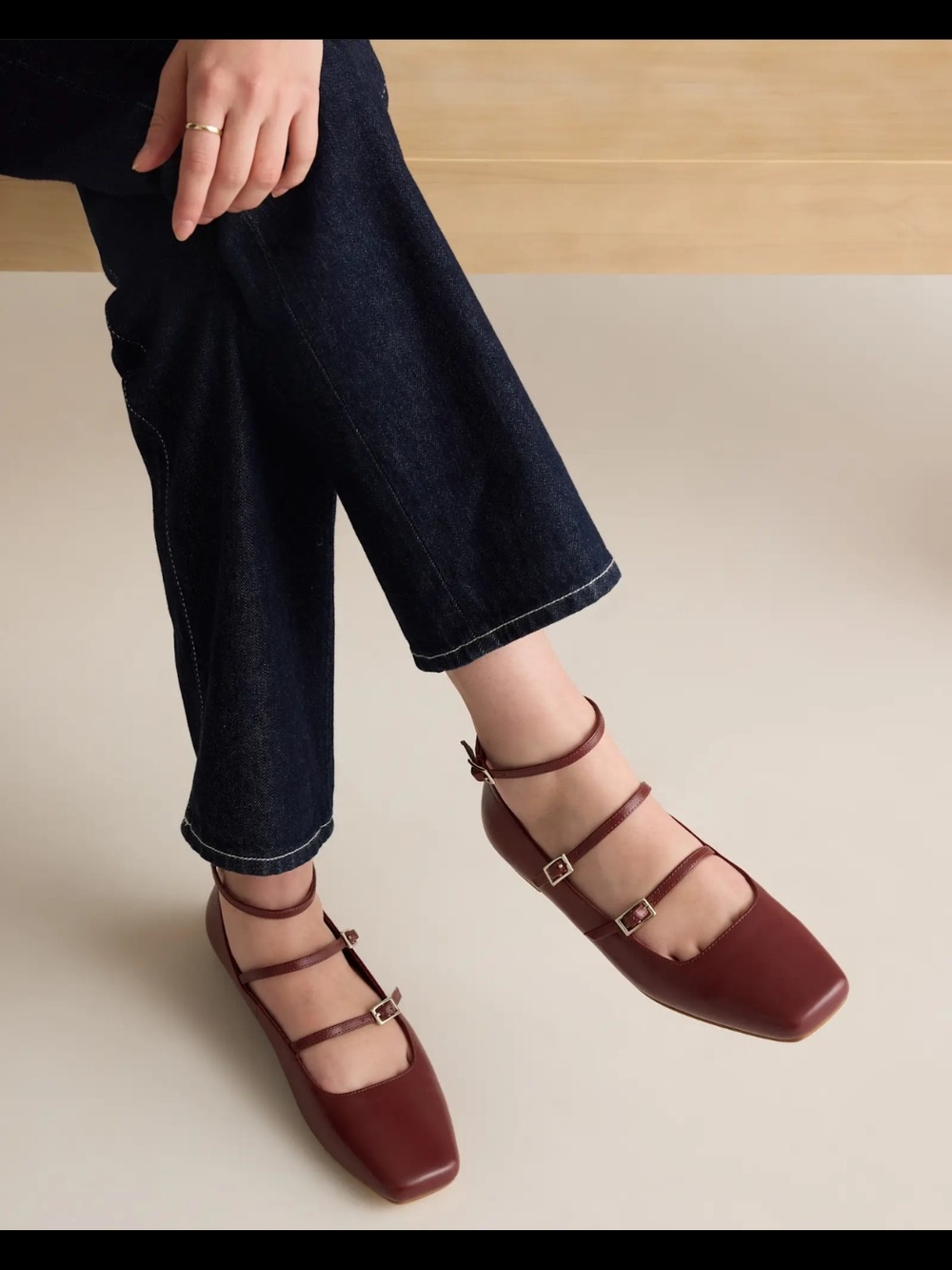 Quince Triple-Strap Square Toe Italian Leather Ballet Flat Merlot Red Size 8